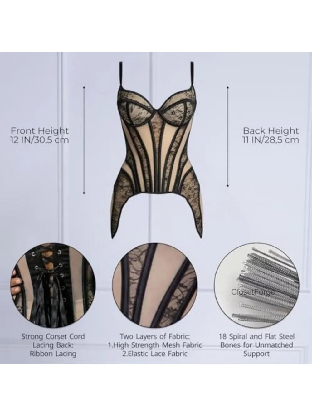 Longline Overbust Corset for Women - 18 Steel Bones Waist Cincher, Lace Up